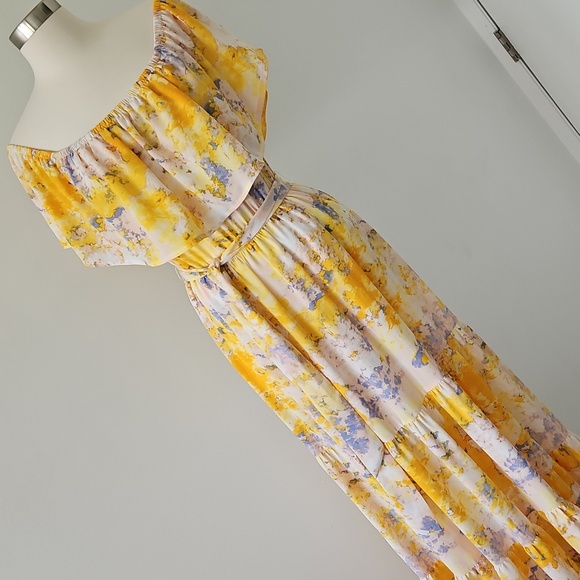 Let Them Eat Cake Off-the-Shoulder Tiered Maxi Skirt Flowy Yellow Size Large - Picture 1 of 15